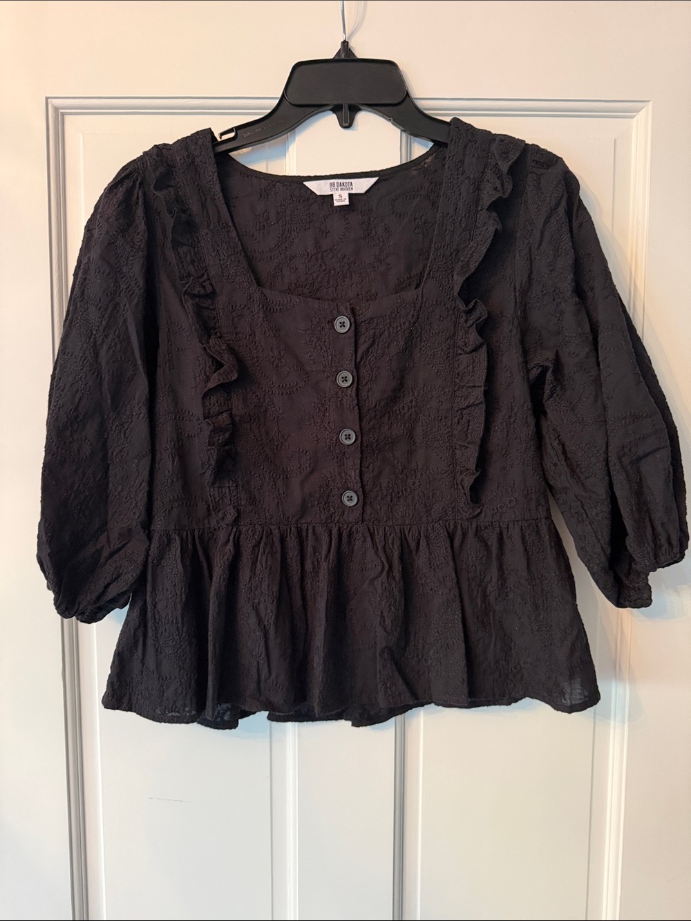 BB Dakota Black Ruffled Peplum Button-Front Blouse